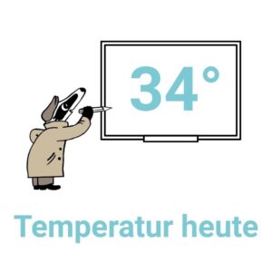Das Bild zeigt Detektiv-Dachs sowie eine Tafel mit einer Temperaturanzeige.