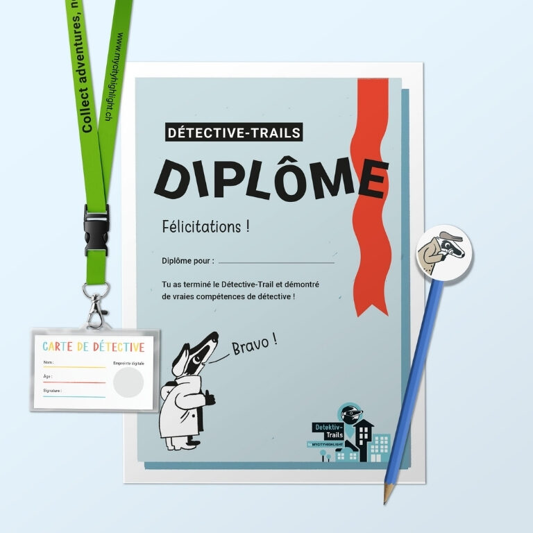 Le kit d’anniversaire pour une fête d’enfants vraiment spéciale Spécialement conçu pour les fêtes d’anniversaire d’enfants, nous avons créé notre kit d’anniversaire. Tu souhaites donner à la fête d’anniversaire une touche particulière et une ambiance détective unique ? Alors, le kit d’anniversaire est exactement ce qu’il te faut ! Réserve le kit d’anniversaire comme package avec le Détective-Trail de ton choix. Contenu par kit d’anniversaire commandé Un cordon avec un badge détective personnalisable Un diplôme de détective personnalisable, qui peut être remis aux enfants comme certificat après avoir terminé le Trail Un crayon avec une gomme de Détective Blaireau, pour prendre des notes et comme souvenir de l’aventure détective partagée Le kit d’anniversaire est réservé par enfant/personne et est envoyé dans un délai de 3 à 5 jours ouvrables (expédition uniquement en Suisse et dans la Principauté du Liechtenstein). Le kit d’anniversaire ne comprend PAS de Détective-Trail.